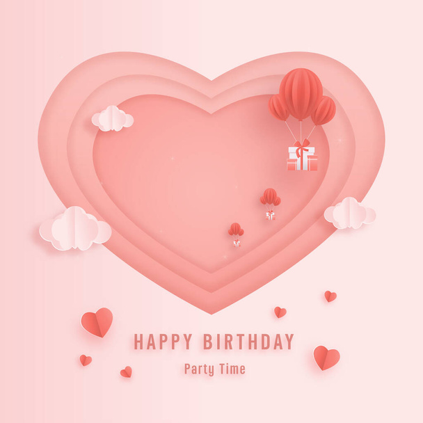 Decorated birthday card beautiful three balloons in the could paper style, paper cut, and papercraft. gift box hanging on the wall decorated with clouds and cake. Sweet pink background. - Vector, Image