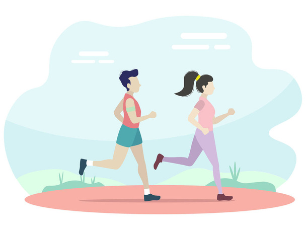 Jog, exercise in park, woods flat vector illustration. Man and woman, couple, friends jogging together cartoon character design. Outdoor, outside workout. Fitness, strength training - Vector, Image