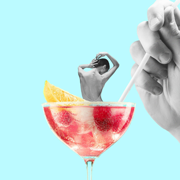 Contemporary art collage, modern design. Summer mood. Tender ballerina sitting on giant cocktail glass with berry drink - Фото, зображення