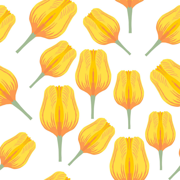 Seamless pattern with varietal vibrant yellow and orange tulip. Tulips colorful heads on the white background. Symmetrical tulip without leaves. Pattern for fabrics, print, web usage etc. - Вектор,изображение