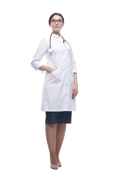 in full growth. confident female doctor with a stethoscope. - 写真・画像