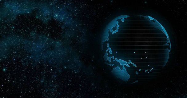 Tierra visible Mármol azul Nubes digitales Tierra rotación animación social futuro tecnología abstracta 3d Rendering. Galaxia. El movimiento de la tierra en el espacio. Clip contiene espacio, planeta, estrellas, cosmos - Foto, imagen