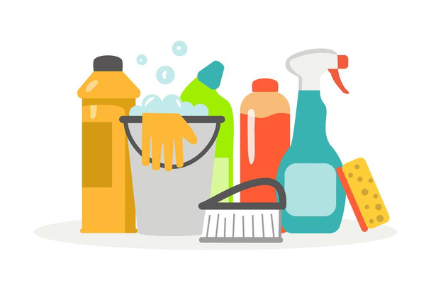 Artículos de limpieza Servicio de limpieza con diversas herramientas de limpieza ilustración vectorial plana Productos químicos sanitarios para lavandería, suelo, cocina e inodoro - Vector, Imagen