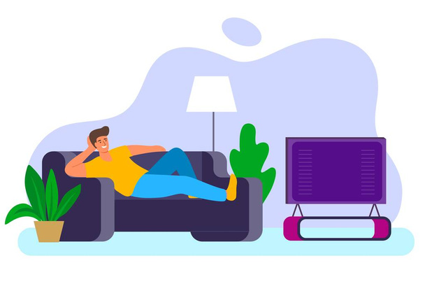 Hombre viendo la televisión en el sofá en casa habitación interior vector ilustración Hombre relajarse en casa en el sofá Ilustración de hombre en la habitación con pantalla de televisión - Vector, imagen
