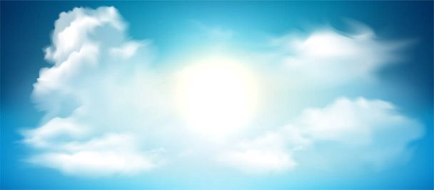 Lens parıltısıyla parlayan gerçekçi güneş. Bulutların arkasında mavi bir gökyüzü. Vektör illüstrasyonu. - Vektör, Görsel