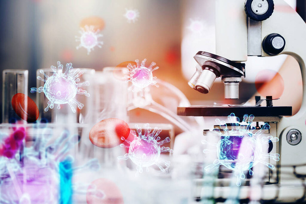 Mikroskop, testovací trubice antivirové složky, testovací vzorky antibiotik a vakcinační kovid 19 používané v lékařském vývoji pro lidi. - Fotografie, Obrázek