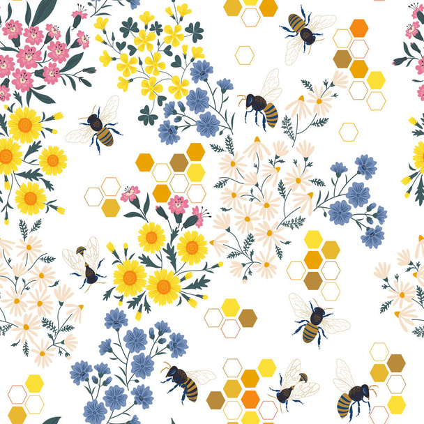 Meadow wildflower honeybee vector seamless pattern. Bee flower honeycombs decorative ornament illustration.  - Vector, Imagen