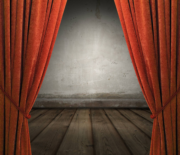 interior velho com cortinas vermelhas, parede de concreto - Foto, Imagem