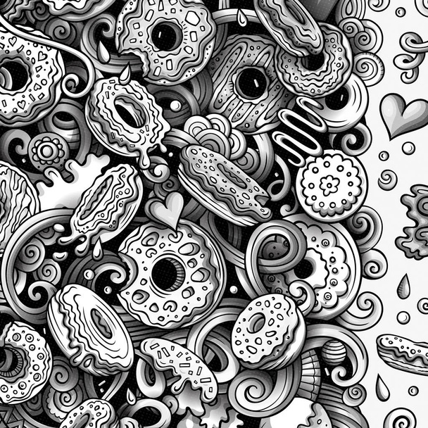 Donuts handgezeichnete Raster-Doodles Illustration. Süßigkeiten rahmen Kartendesign ein. Donut-Elemente und Objekte Cartoon-Hintergrund. Tönend komische Grenze. Alle Elemente sind getrennt - Foto, Bild