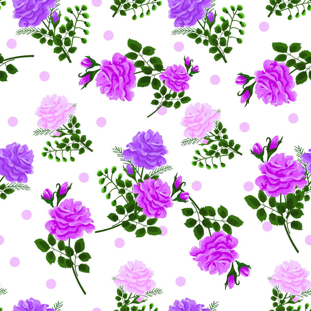 Bouquet.Schöne nahtlose Muster mit rosa, violetten, lila Rosen auf weißem Hintergrund. Vektorillustration im Stil schäbiger Schikane. Druck für Bucheinbände, Textilien, Stoff, Geschenkpapier - Vektor, Bild