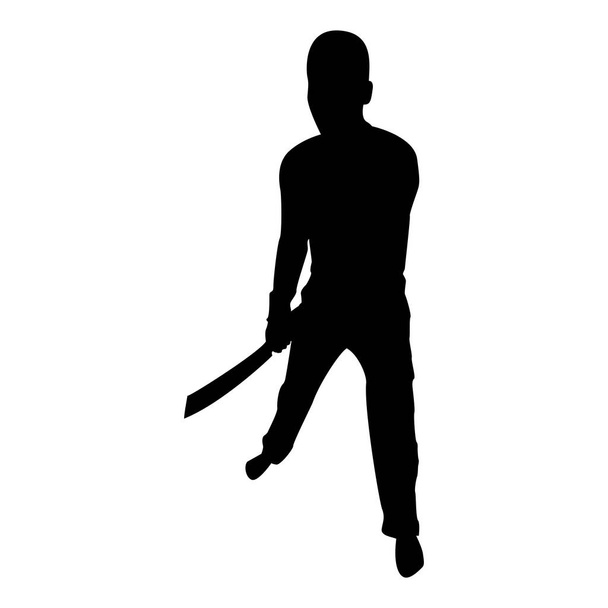 Silhouette man with sword machete cold weapons in hand military man soldier serviceman in various positions hunter with knife fight poses strong defender warrior concept weaponry standing black color vector illustration flat style simple image - Vektor, kép