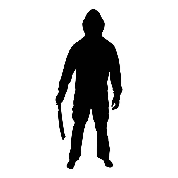 Silhouette man with sword machete cold weapons in hand military man soldier serviceman in various positions hunter with knife fight poses strong defender warrior concept weaponry standing black color vector illustration flat style simple image - Vektör, Görsel