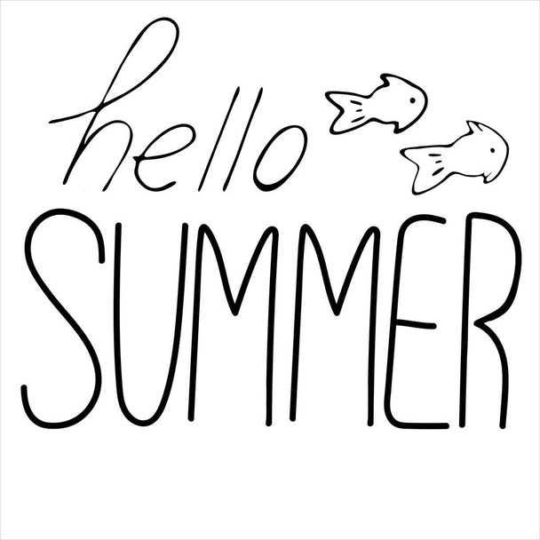 hello summer, text with fish, vector doodle element, coloring, black and white - Вектор, зображення