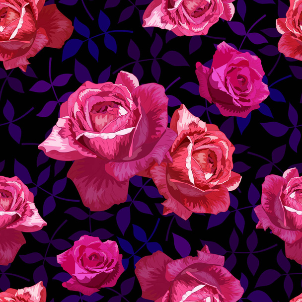 Kaunis saumaton kuvio vaaleanpunainen, punaisia ruusuja tummalla pohjalla lehtiä. Summer Vector kuva. Tulosta kirjan kannet, tekstiili, kangas, kääre lahjapaperi - Vektori, kuva