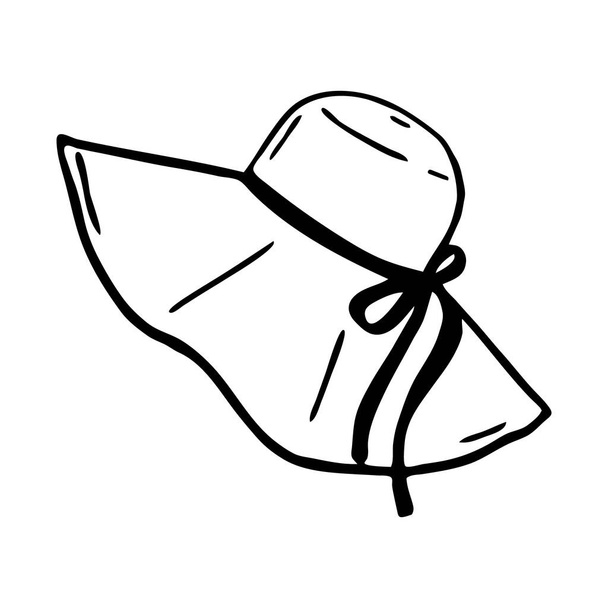 Sombrero solar vector dibujado a mano. Esquema negro dibujo aislado sobre fondo blanco, playa de verano - Vector, imagen