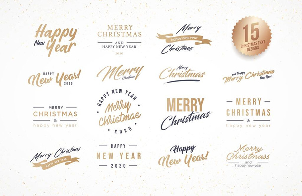 Feliz Navidad y Feliz Año Nuevo 2020 conjunto de tipografía. Colección de emblemas, diseño de texto. Utilizable para pancartas, tarjetas de felicitación, regalos, etc.. - Vector, Imagen