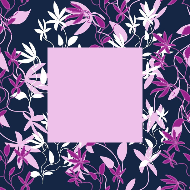 Floral frame template for photos, posters and banners, Exotic curly flowers in pink and purple tones, Hand draw style - Vector, Image