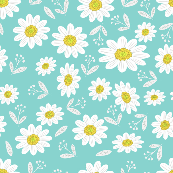 Wild chamomile flowers. Seamless summer pattern with large flowers on a blue background. For printing on fabrics, textiles, pillows, paper, interior design.  - Zdjęcie, obraz