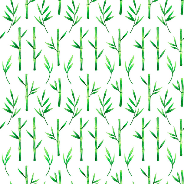 Bamboo watercolor hand drawn semless pattern. Branches and leaves tropics greenery - Photo, Image