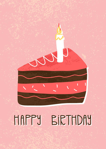 Feliz cumpleaños letras y rebanada de chocolate y pastel de fresa rebanada sobre fondo texturizado rosa. Tarjeta de felicitación. - Vector, Imagen