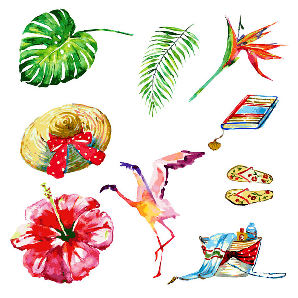 composition of beautiful tropical flower with palm leaves and flamingo and beach accessories isolated on white background, concept of summer vacations  - Φωτογραφία, εικόνα