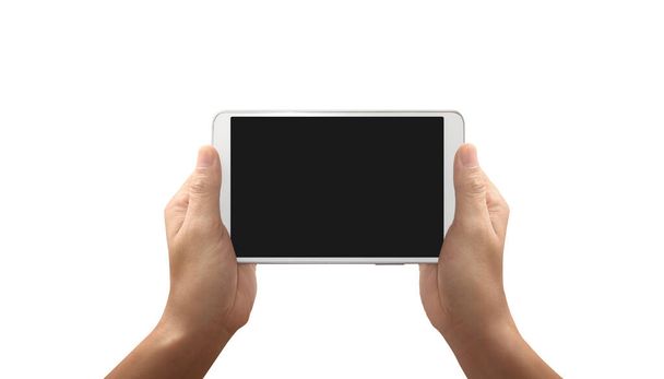 Manos sosteniendo dispositivo de computadora táctil tableta con pantalla aislada - Foto, imagen