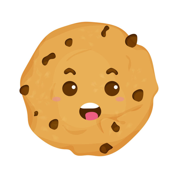 Netter, komischer Kawaii-Keks, emotionale Figur im Cartoon-Stil isoliert auf weißem Hintergrund. Dessert mit Schokoladenchips.  - Vektor, Bild