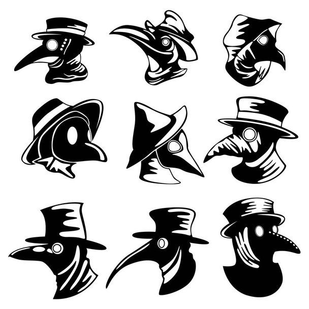 Un conjunto de nueve máscaras de médico de la peste aisladas sobre un fondo blanco. Ilustración vectorial. - Vector, Imagen