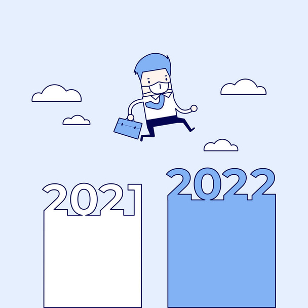 Der maskierte Geschäftsmann springt von 2021 bis 2022. Zeichentrickfigur dünne Linie Stil-Vektor. - Vektor, Bild