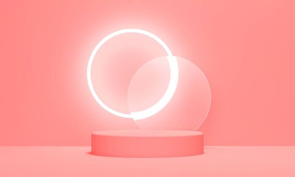 Podium voor cosmetica met lamp en glas op roze achtergrond. Achtergrondontwerp voor productpromotie. 3d destructie - Foto, afbeelding