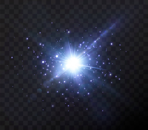 Shining neon stars isolated on black background. Effects, lens flare, shine, explosion, neon light, set. Shining stars, beautiful blue rays. Vector illustration. - Vektor, obrázek