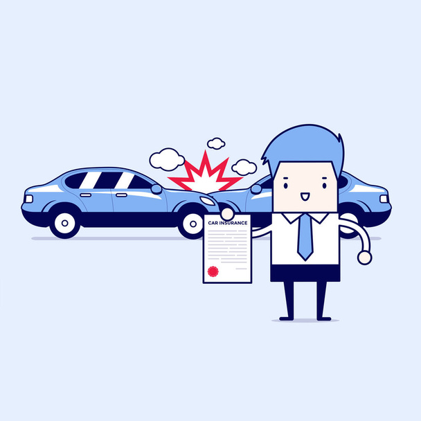 Assicurazione auto nel centro servizi. Uomo d'affari mostra il documento di protezione dell'auto. Cartoon personaggio linea sottile vettore stile. - Vettoriali, immagini