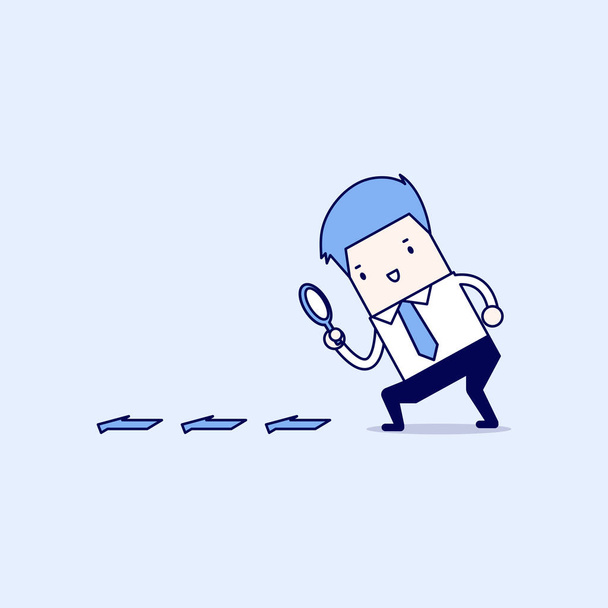 Businessman searching through a magnifying glass. Searching, details, clue concept. Cartoon character thin line style vector. - Vector, Image