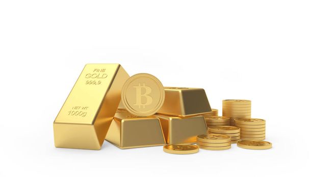 Bitcoin na kupie sztabek złota i monet izolowanych na białym tle. 3D ilustracja  - Zdjęcie, obraz