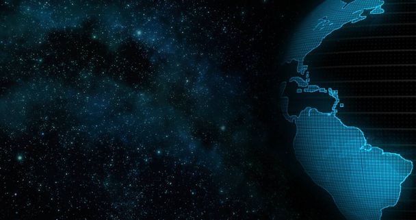 digitale erdrotation, konzept 3d animation soziale zukunftstechnologie abstrakte wirtschaftswissenschaftliche globales netzwerk, übertragungshintergrund. Clip enthält Raum, Planet, Galaxie, Sterne, Kosmos, Erde. - Foto, Bild