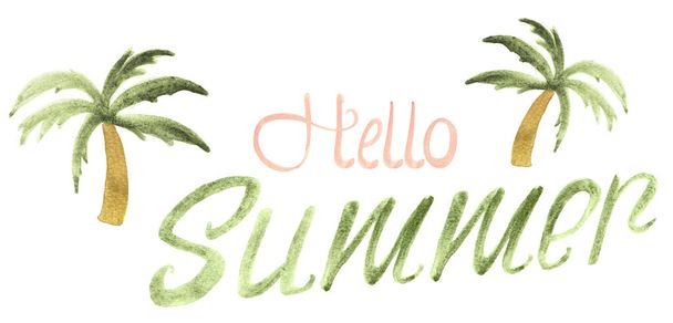 Hello summer watercolor handwritten illustration. Template for decorating designs and illustrations. - Foto, imagen