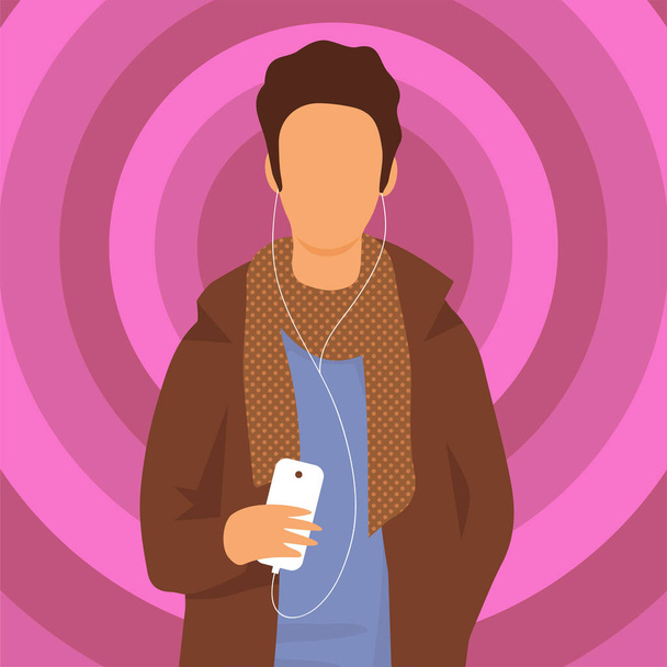 The boy listens to music with headphones. Smartphone in hand. Vector isolated flat illustration. Pink background - Vector, Image