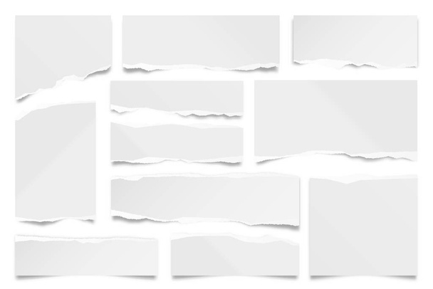 Κομμένες λωρίδες χαρτιού που απομονώνονται σε λευκό φόντο. Ρεαλιστικά απορρίμματα χαρτιού με σκισμένες άκρες. Κολλημένες σημειώσεις, κομμάτια από σελίδες σημειωματάριου. Εικονογράφηση διανύσματος. - Διάνυσμα, εικόνα