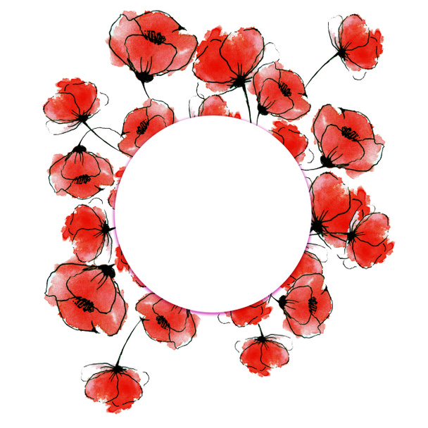 Reed poppies hand drawn sketchy watercolor round frame design isolated on white background - Photo, Image