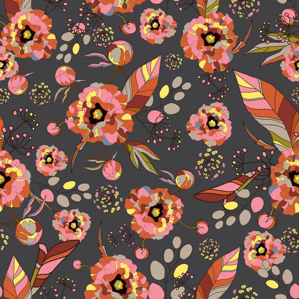 Vintage floral background. Elegance seamless pattern with watercolor flower peony, roses, eucalyptus leaves. Pink, orange blooming background. Vector illustration - Vector, Image