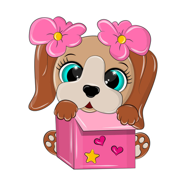Eristetty koira istuu vaaleanpunaisessa laatikossa kauniit kukat päässään. Vektori esimerkki eläin on valmistettu sarjakuva tyyli ja on erityisesti valittu lasten tuotteita. - Vektori, kuva