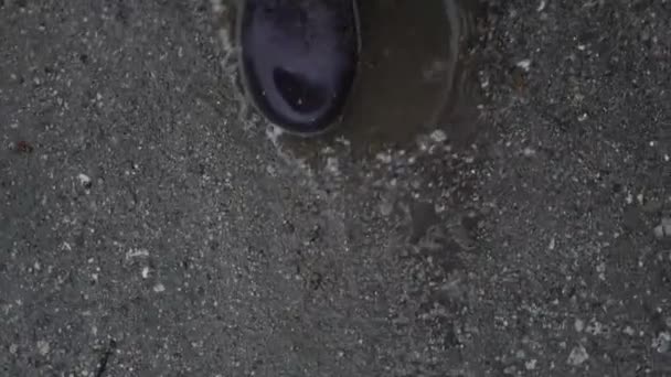 Widok z góry chodzenie w gumowych butach. Deszczowa pogoda. Brudne i woda na drodze - Materiał filmowy, wideo