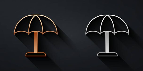 Золотой и серебристый защитный зонтик для иконки пляжа изолирован на черном фоне. Большой зонтик для наружного пространства. Пляжный зонтик. Длинный стиль тени. Вектор. - Вектор,изображение
