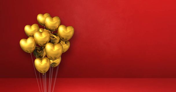 Gold heart shape balloons bunch on a red wall background. Horizontal banner. 3D illustration render - Foto, Imagen