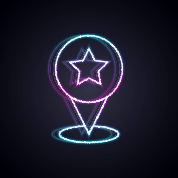 Glowing neon line Map pointer with star icon isolated on black background. Star favorite pin map icon. Map markers.  Vector. - Vector, Image