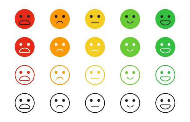 評価の満足度のセット。行スタイルでの感情評価フィードバック。ユーザー体験フィードバック。異なる気分の笑顔の絵文字-優れた、良い、通常、悪い、ひどい。正から負への概念。ベクターイラスト - ベクター画像