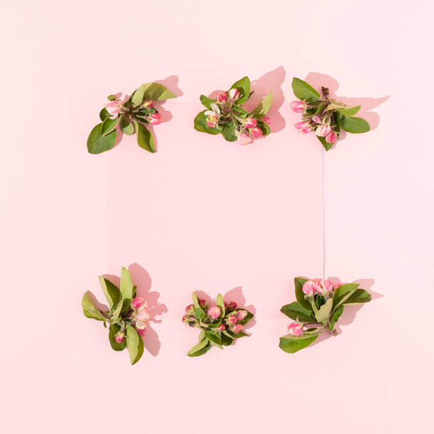 Minimaler floraler Rahmen aus blühenden Blumen mit grünen Blättern auf pastellrosa Hintergrund. Kreativer Kopierraum. - Foto, Bild