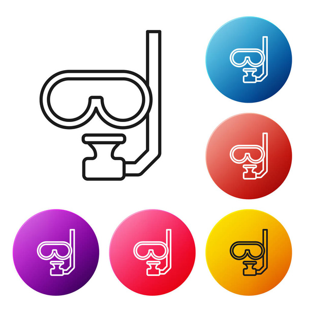 Black line Diving mask and snorkel icon isolated on white background. Extreme sport. Diving underwater equipment. Set icons colorful circle buttons. Vector - Vektor, kép