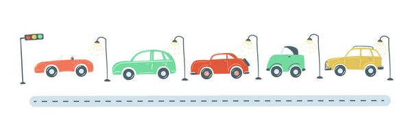 traffic jam from colored cars flat simple cartoon style hand drawing. vector illustration - Vector, Image