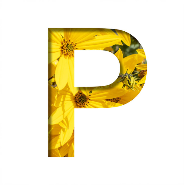 Autumn flowers font. Letter P cut from paper on a background of bright yellow autumn flowers. A set of volumetric natural fonts. - Φωτογραφία, εικόνα